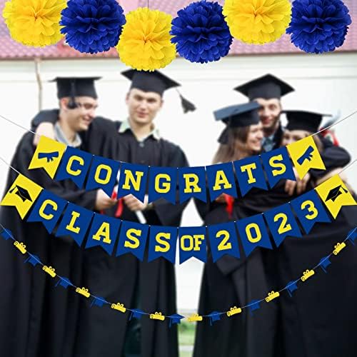 קישוטי מסיבת סיום כחול וזהב 2023 כיתה של 2023 קישוטים ללימודים מזל טוב כיתה של 2023 באנר סיום באנר 2023 קישוטי