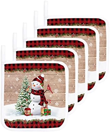 מחזיקי סיר עץ חג המולד למטבח, חורפי שלג שלג שלג אדום משובץ משובץ מחזיק סיר עץ עם טריבט לולאה