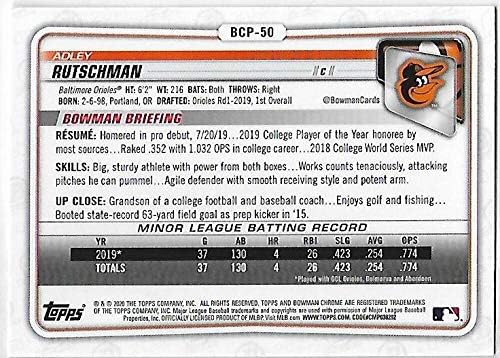 2020 Bowman Chrome Prospects BCP-50 Adley Rutschman RC טירון Baltimore orioles כרטיס מסחר בייסבול MLB