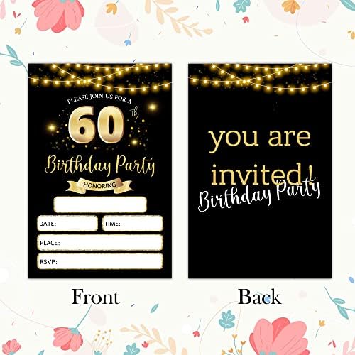 RLCNOT כרטיסי הזמנות ליום הולדת 60 עם מעטפות סט של 20 - הזמנות למסיבת יום הולדת זהב קלאסי זהב קלאסי לבני נוער,