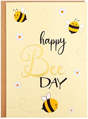 כרטיס יום הולדת - כרטיס ברכה ליום הולדת שמח ליום דבורה למסיבת נושא דבורים-דבורי נייר זהב ואותיות על נייר מרקם