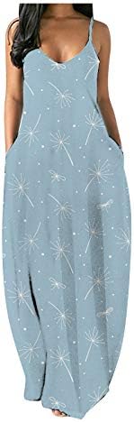 נשים קיץ ללא שרוולים גרפי שמלה עם כיס חידוש פרחוני שמש ירח פרפרים הדפסת מקסי שמלת החוף קיצי