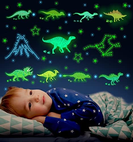 זוהר במדבקות הקיר הדינוזאור הכהה - 652 יחידים מדבקות קיר דינוזאור לחדר בנים, כוכבי עיצוב לילדים
