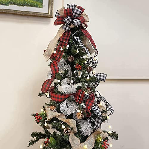 עץ חג המולד טופר גדול משובץ באפלו משובץ קשת מתנה אדומה ושחור לעץ חג המולד קישוטים למסיבות חג בעבודת