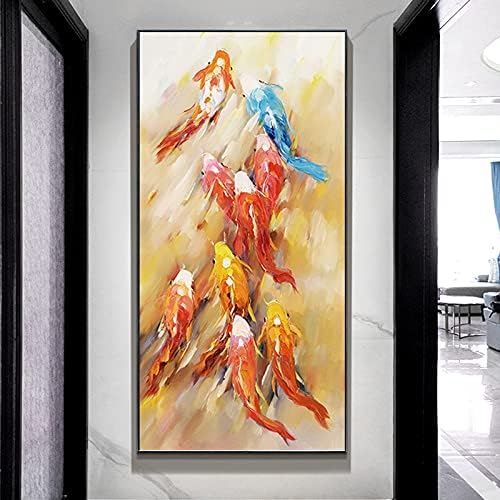 יד מצוירת ציור שמן על בד, כתום אדום טוב מזל תשע זנב קוי דגים סיני סגנון מודרני יצירות אמנות מקורי ללא