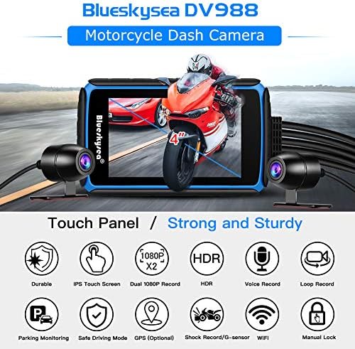 מצלמת מצלמת מקף אופנוע, Blueskysea DV988 1080p 30fps זווית רחבה כפולה זווית 140 מעלות עדשה ספורטיבית