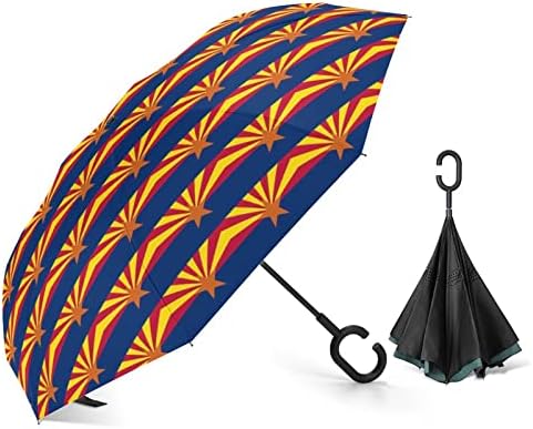 דגל אריזונה מטריה הפוכה מטריה מתקפלת הפוכה אטומה לרוח עם ידית בצורת ג לגברים נשים