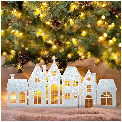 Glitzhome 30 L לחג המולד נצנץ צווארון עץ בית מתכת, עץ עץ דקורטיבי מכסה טבעת עץ גדולה עם אור מיתר