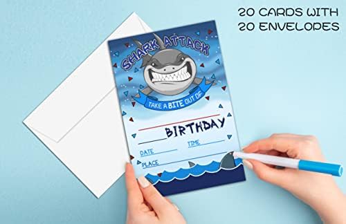 הכריש התקפה הזמנה למסיבת יום הולדת - BDay הזמינו רעיונות לילדים בנים בנים - 20 כרטיסי הזמנה למילוי