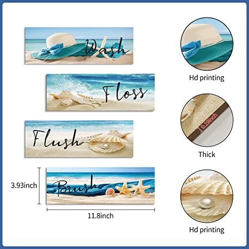 4 חתיכות אוקיינוס חוף נושא קיר תפאורה לאמבטיה, חוט מברשת לשטוף סומק עץ סימן, חוף תמונה אמבטיה קיר אמנות אבזרים,צדף