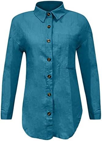 נשים כותנה פשתן חולצות מקרית ארוך שרוול כפתור למטה דש חולצות חולצות מוצק צבע כיס החבר סגנון