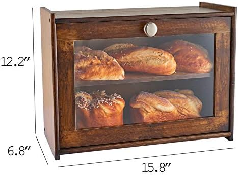 ראוי במבוק לחם תיבת עבור מטבח השיש, עץ לחם אחסון תיבת עם שקוף חלון, 2-שכבה גדול קיבולת לחם אחסון,