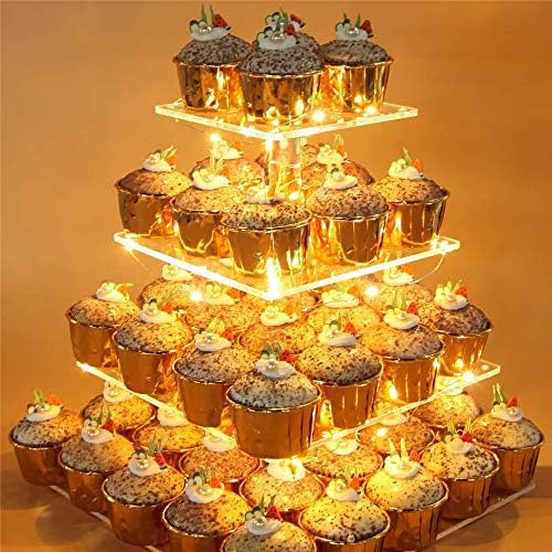 עוגת דוכן 4 שכבה עבה כיכר אקריליק מואר עוגת דוכן הוביל אור מתאים לחתונה חג דוכן תצוגת מסיבת תה להגשת