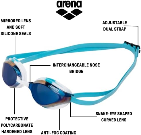 ארנה יוניסקס פיתון מירוץ משקפי שחייה לגברים ונשים אנטי-ערפל מקסימום נוחות רצועה כפולה, מראה/עדשה לא-מיירור