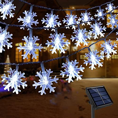 Windpnn 55ft 100 LED סולארי חג המולד אורות שלג חיצוניים, 8 מצבים אורות פיות חג המולד חיצוניים, אורות פתית שלג