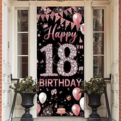 קישוט יום הולדת 18 דלת דלת, זהב ורד שמח קישוטים ליום הולדת 18 לבנות, קישוטים של פוסטר שלט דלתות,