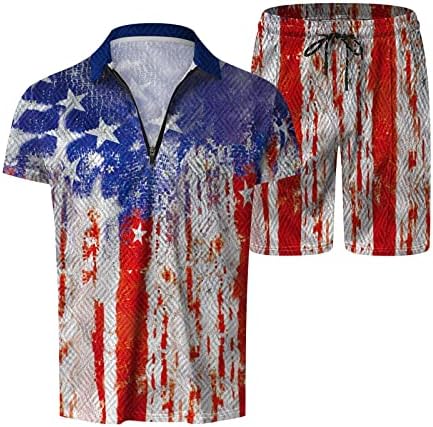 חולצות דגל אמריקאיות לגברים סטים קצרים 2 תלבושות חלקים חולצה פולו אופנה אימוני קיץ שרוול סט מזדמן ומכנסיים