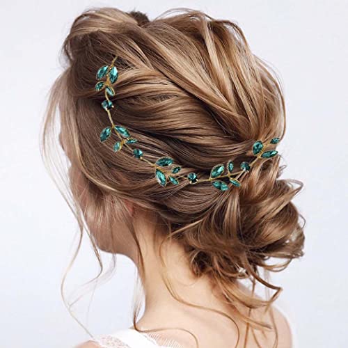 כלה חתונה שיער גפנים ירוק גליטר קריסטל אבני חן עלים כיסויי ראש הכלה שיער אביזרי עבור נשים ובנות,