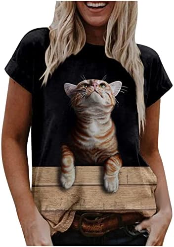 3 ד חתול הדפסת חולצה לנשים מקרית קצר שרוול חמוד הדפסת גרפי חולצה צוות צוואר רופף חולצות מוצק צבע חולצות