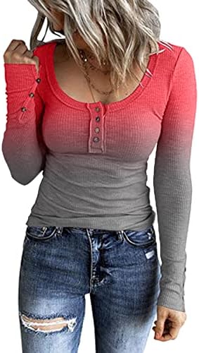 חולצת חולצה רזה ומצולעת לנשים צבע שיפוע צבעוני שרוול ארוך כפתור חולצת טריקו צווארון הנלי