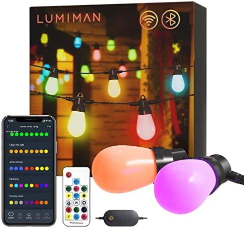 Lumiman חכם חוץ חיצוני אורות 48ft rgbic ניתן לחיבור פטיו מיתרים אור מיתרים 15 נורות S14, WiFi ו- Bluetooth