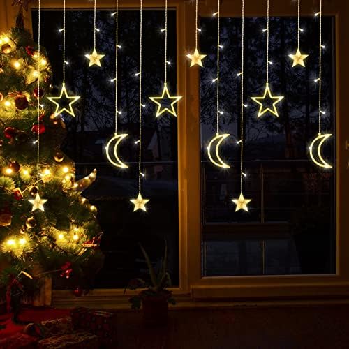 138 נוריות LED אורות וילון, 11.5ft ירח חג המולד כוכב חלון פיות פיות מיתרים, USB וסוללה המופעלים לחלון מקורה,