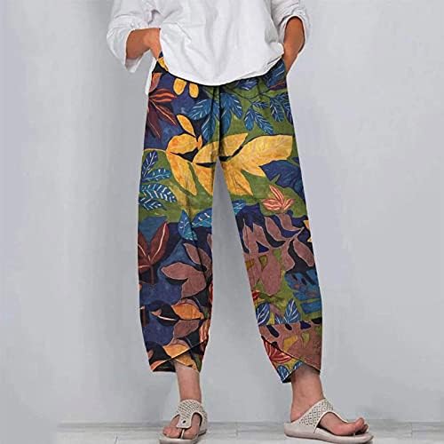 מכנסי פשתן כותנה רגל רחבה קז'ואית קיץ מכנסי פשתן מותניים גבוהים עם כיסים מכנסי חג טרקלין צבעוניים רופפים