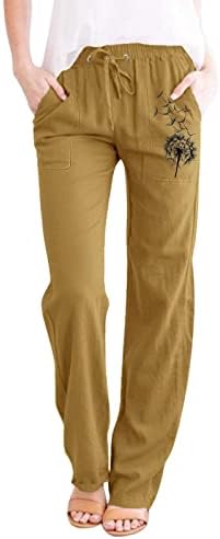 מכנסי פשתן לנשים באתקיה רחבות רגליים אלסטיות מותניים כותנה פשתן מכנסי מכה עם כיסים מכנסי הליכה לנשים