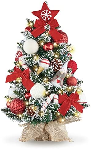 WBHOME 1.8 רגל מואר לפני מואר שולחן חג מולד עץ חג המולד, קישוטים לקישוט לבן אדום עם חרוטים אורנים, עץ חג