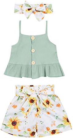 בגדי קיץ של תינוקת יילוד בצבע אחיד חולצות סרבל+מכנסיים פרחים+סרט תלבושת 3 יחידות