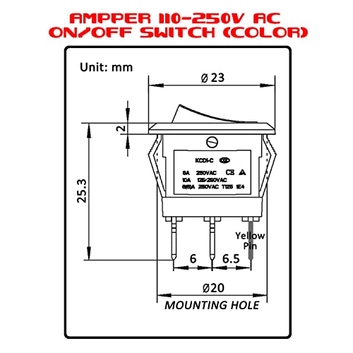 AC 250V/6A 125V/10A מתגי נדנדה עגולים, AMPPER 3 PIN 20 ממ על מתג מתג מוארים של SPST עגול עם חוטים, מסופים