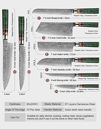מטבח סכין סטים, 8 יחידות 67 שכבה דמשק פלדה מקצועי מטבח סכיני סטים רב תכליתי שירות שף סכין ירוק תבואה מעטפת