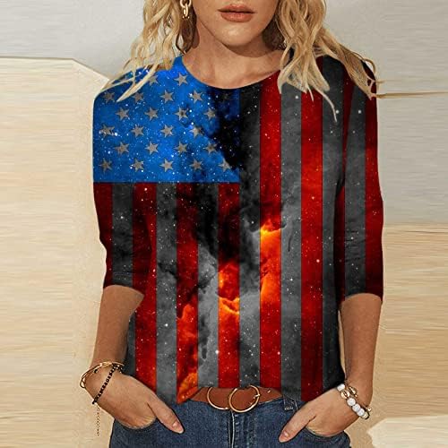 PIMOXV נשים 3D דגל אמריקאי דגל 4 ביולי חולצות עצמאות מזדמנת יום 3/4 שרוולים צמרות טוניקה חולצות פטריוטיות במצוקה