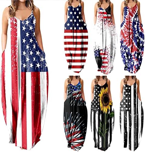 4 ביולי מקסי שמלות לנשים מקרית קיץ בוהו שמלת אמריקאי דגל סקופ צוואר קאמי שרוולים פטריוטי שמלה קיצית