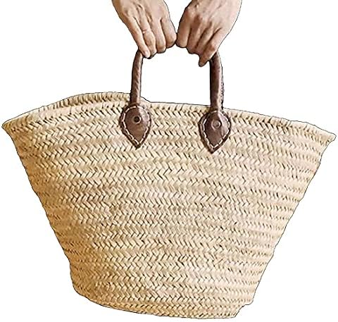 תיק קש חדש סל צרפתי בעבודת יד במרוקו-אומן ארוג עם עלי דקל ורצועות עור-תיק סל קש מחדש לקניות במכולת ועוד