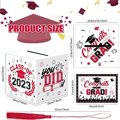 כיתה של 2023 סיום כרטיס תיבת לבן אדום מזל טוב גראד כובע בצורת כרטיס מחזיק קופסות עם ציצית 48 יחידות עצה משאלות