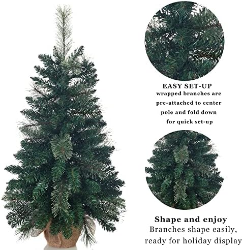 עץ חג המולד המלאכותי 3ft מראש, 100 ענפי PVC טיפים+20 מחטי אורן פורחים+בסיס פלסטיק עטוף יוטה, עץ חג המולד ירוק לשולחן