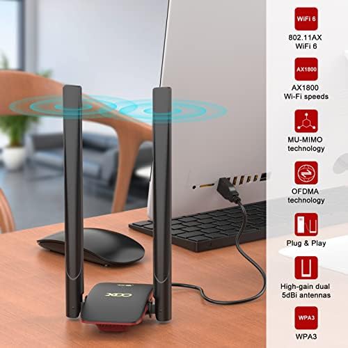 מתאם WiFi 6 של XDO USB למחשב, WiFi Dongle מתאם רשת אלחוטית עם אנטנה גבוהה 5DBI עבור שולחן עבודה/מחשב