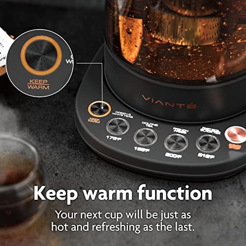 יצרנית תה חמה קומקום זכוכית חשמלית עם תוספות תה ובקרת טמפרטורה. כיבוי אוטומטי. תוכניות לבישול לתה והקפה המועדפות