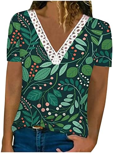 חולצות הוואי לנשים לבושות V צוואר צוואר תחרה חלול חולצה חולצה פרחונית הדפסים חולצות קיץ מצוידות