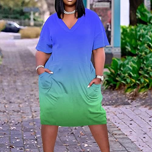 שמלות אפריקאיות לנשים וינטג 'V צוואר שרוול קצר בתוספת כיסים בגודל שמלות חולצת טריקו