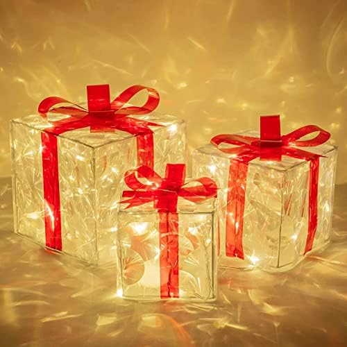 JZRH קופסת מתנה לתאורת תאורת לחג המולד לשלושה חלקים, קופסת תאורה לבנה חמה שקופה, עץ חג המולד, חצר, בית,