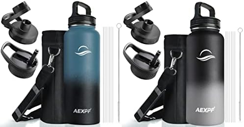 AEXPF 32 גרם בקבוק מים מבודד ו -40 גרם בקבוק מים ספורטיבי נירוסטה עם 3 מכסים, תרמוס מתכת עמיד דליפה,