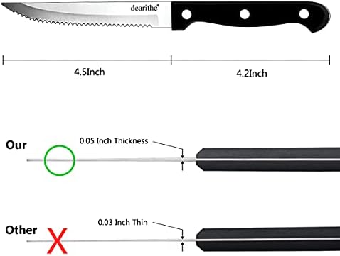 סכיני סטייק סטייק משוננים של Dearithe סט של 12, סט סכין סטייק מסמרת משולשת מלאה של טאנג מלא, 4.5 אינץ