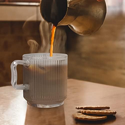 טרונקו 12 גרם ספל קפה זכוכית עם מכסה במבוק וכף פריחת דובדבן, כוס פסים אנכיים קלאסיים כוס תה זכוכית,