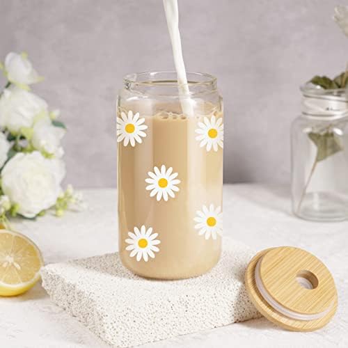 דייזי כוס-אייס קפה כוס, פרחוני זכוכית יכול עם מכסה קש-חמוד אסתטי שתיית כוסות, חמוד זכוכית, פרח כוס - 16