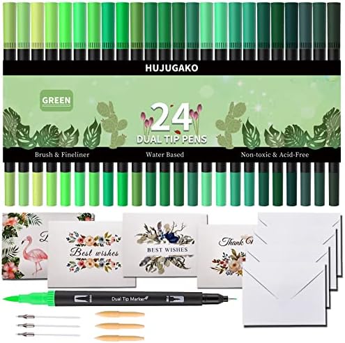 סמנים ירוקים, 48 עט ציור ירוק צבעוני עם 24 PC טיפים כפולים עטים מברשת עם 24 סמני אלכוהול למחשבים למבוגרים צביעת