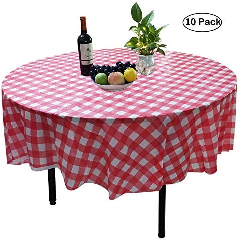 Yuekui 10 חבילות עגול פלסטיק משובץ מנגל מפת שולחן -אדום ולבן משובץ שולחן שולחן פיקניק -פלסטיק -כיסויי שולחן פיקניק