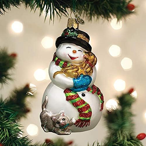 קישוטי חג המולד של העולם הישן איש שלג עם חיות מחמד שובבות זכוכית זכוכית קישוטים לעץ חג המולד