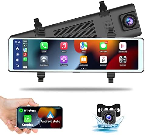 מצלמת מקף מקף מראה 11.26 אינץ 'עם Apple CarPlay Android Auto, מסך מגע 1080p תצוגה קדמית ואחורית מצלמות